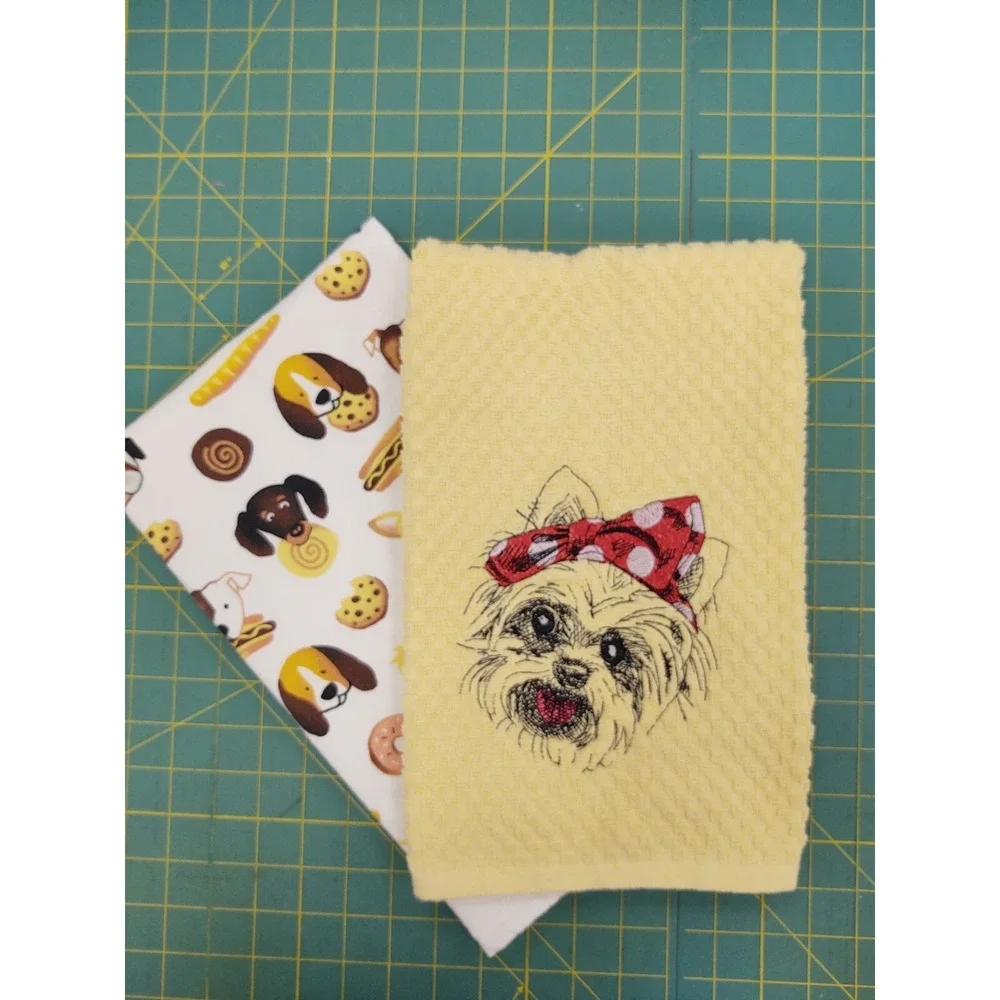 YORKIE Dog With Headband Kitchen Bath Hand Bar Towel Set of 2 Great Gift Idea!
